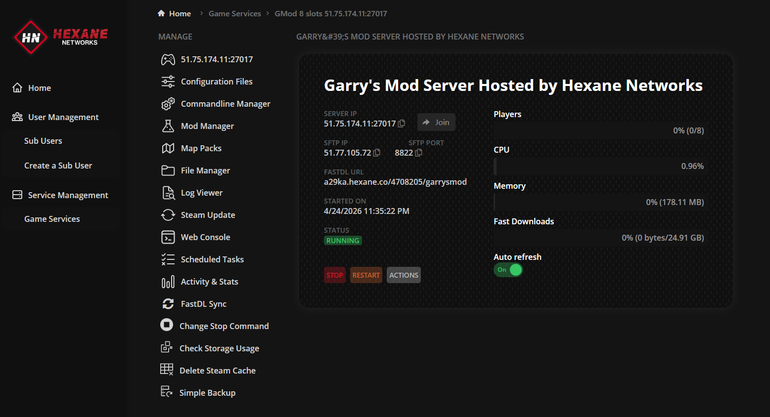 Hexane game panel showing server overview, console and resource graphs